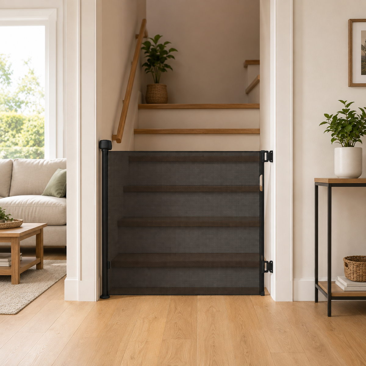Black retractable baby safety stair gate fitted across the bottom of a staircase