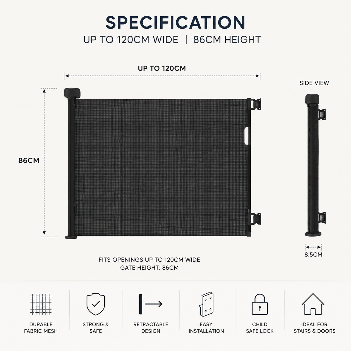 Black retractable baby safety stair gate specification and dimensions guide