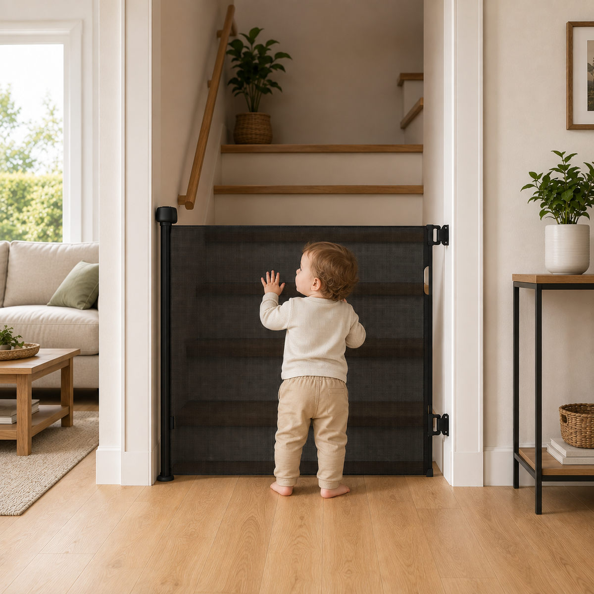 Black retractable baby safety stair gate fitted at the bottom of stairs with child nearby