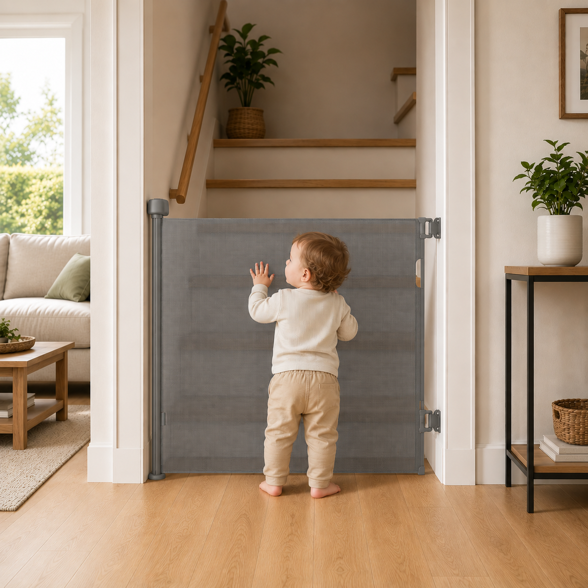 Grey retractable baby safety stair gate fitted in a doorway with child nearby