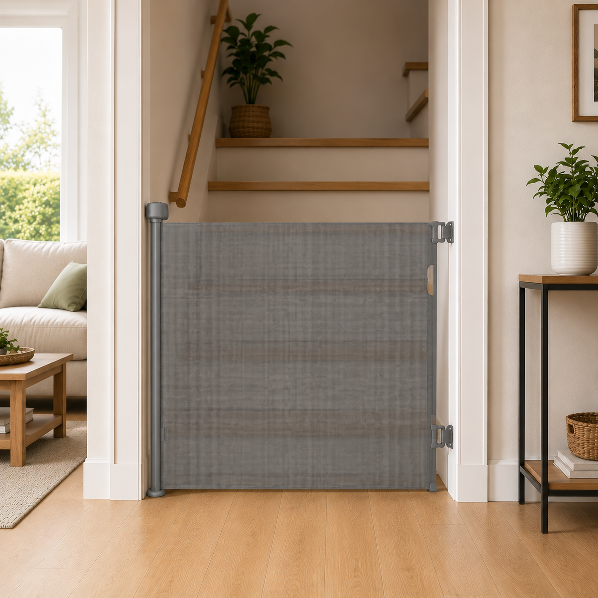 Grey retractable baby safety stair gate fitted across a doorway