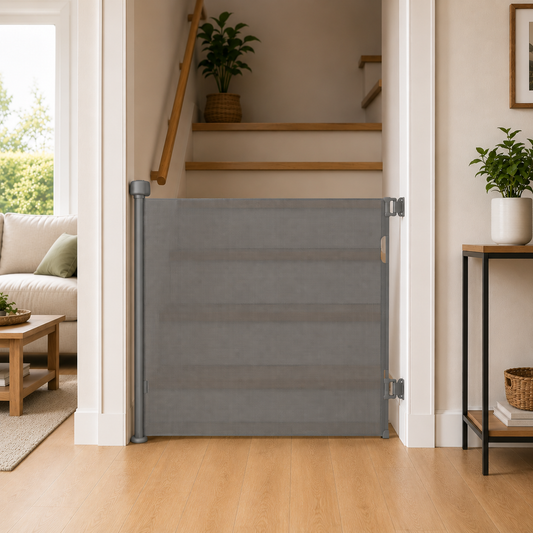 Grey retractable baby safety stair gate fitted across a doorway