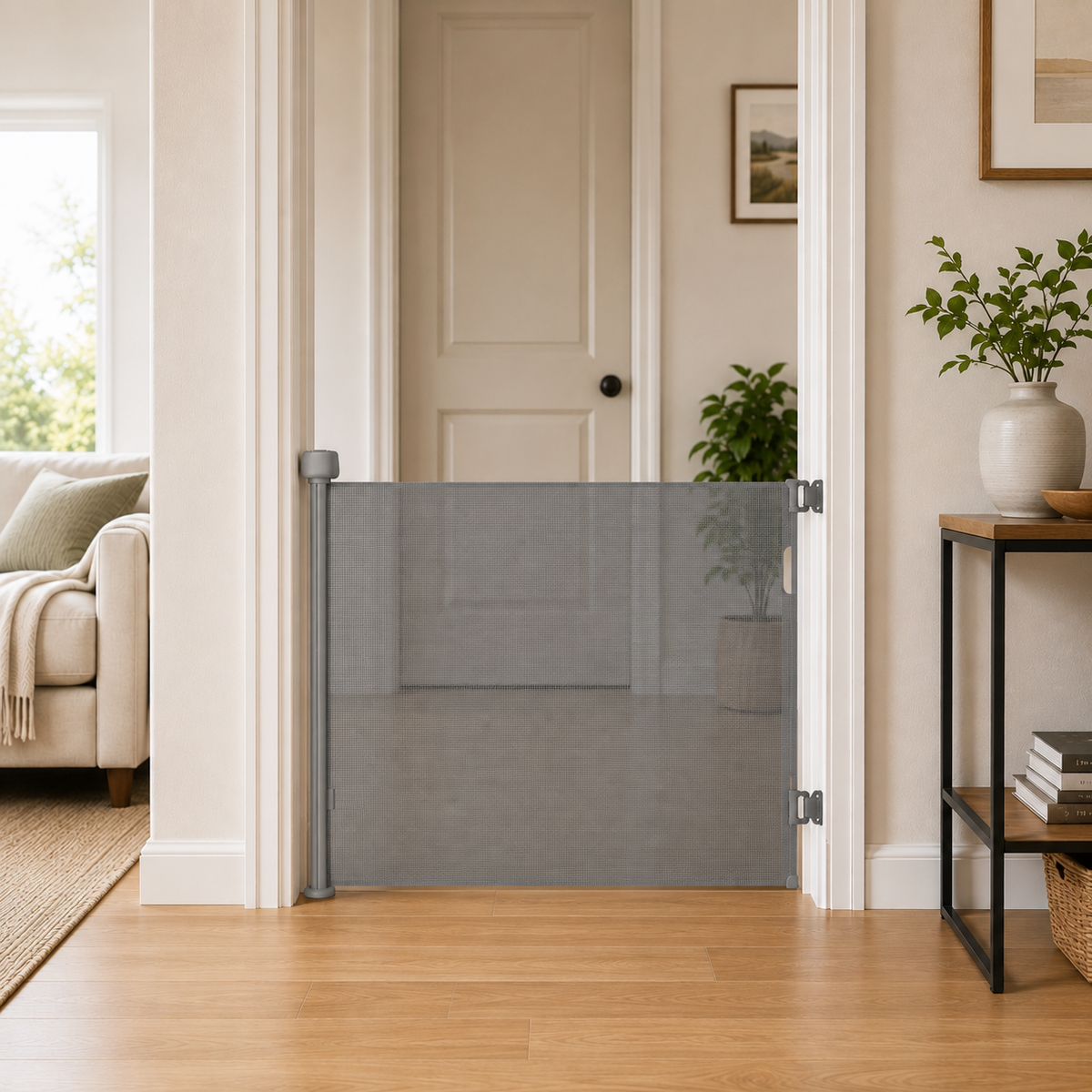 Grey retractable baby safety stair gate fitted across the bottom of a staircase