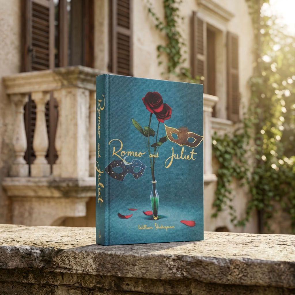 Romeo and Juliet Wordsworth hardback on a traditional Italian stone balcony with wooden shutters