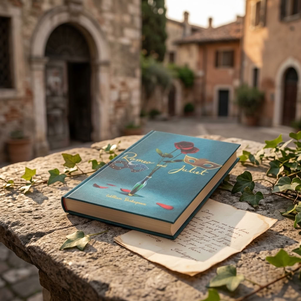Romeo and Juliet Wordsworth hardback with a handwritten letter in a historic Italian courtyard