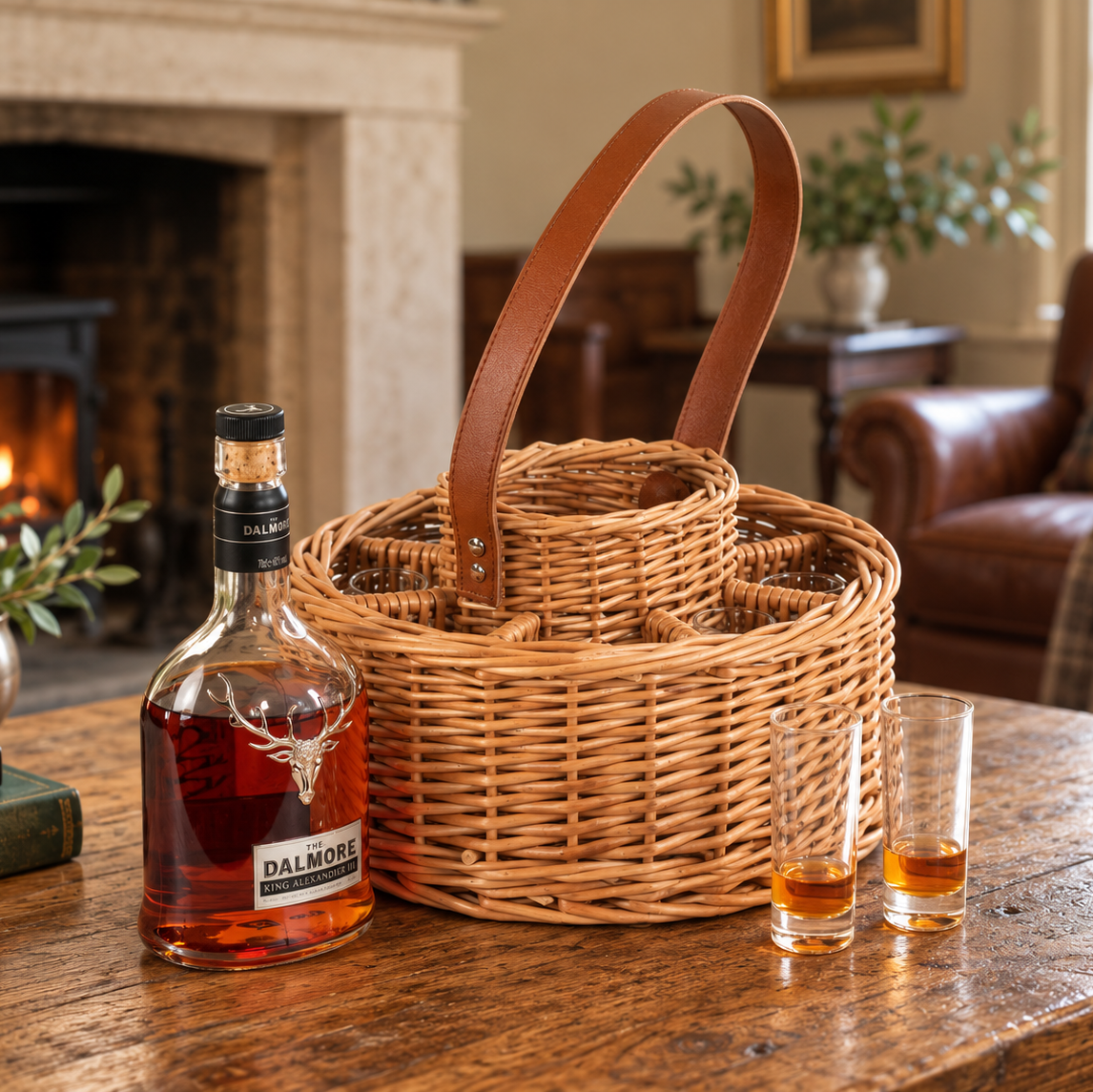 Round Whisky Celebration Carrier with 8 Glasses, handcrafted willow basket with leather handle, styled with a whisky bottle and two glasses on a rustic oak table beside a country house fireplace.