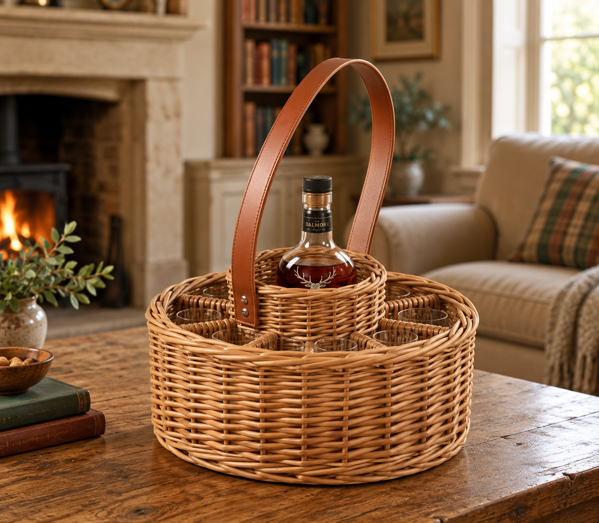 Round Whisky Celebration Carrier with eight glasses displayed on a wooden table beside a traditional fireplace and bookcase in a country house living room.