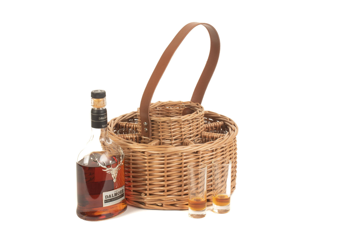 Round willow whisky celebration carrier with leather handle, eight glasses and whisky bottle shown alongside