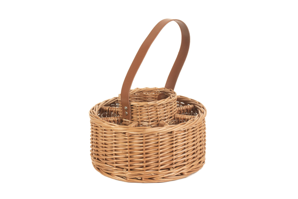 Round willow whisky carrier showing the central bottle compartment, individual glass holders and leather handle