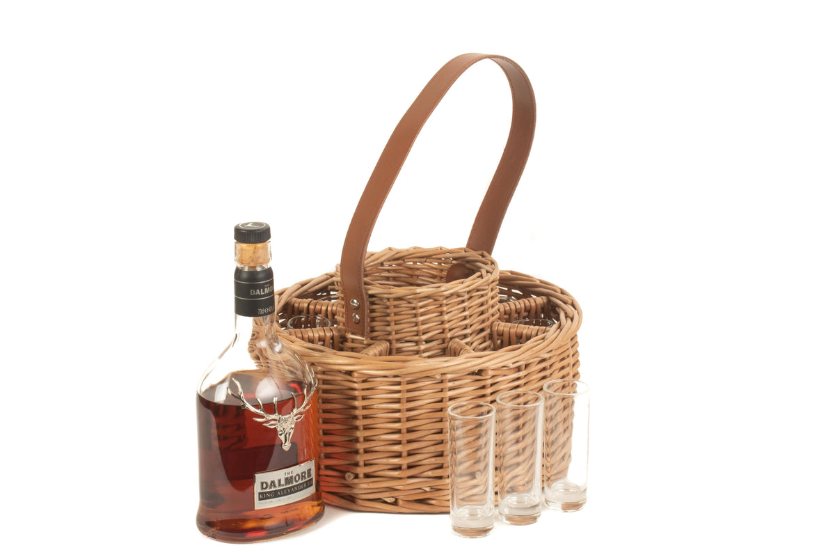 Round willow whisky celebration carrier with bottle, eight glasses and traditional woven basket design