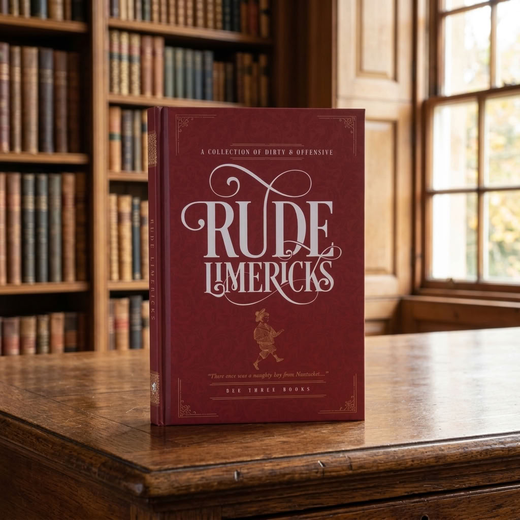Rude Limericks hardback book displayed upright on an aged oak writing desk in a traditional English country house library