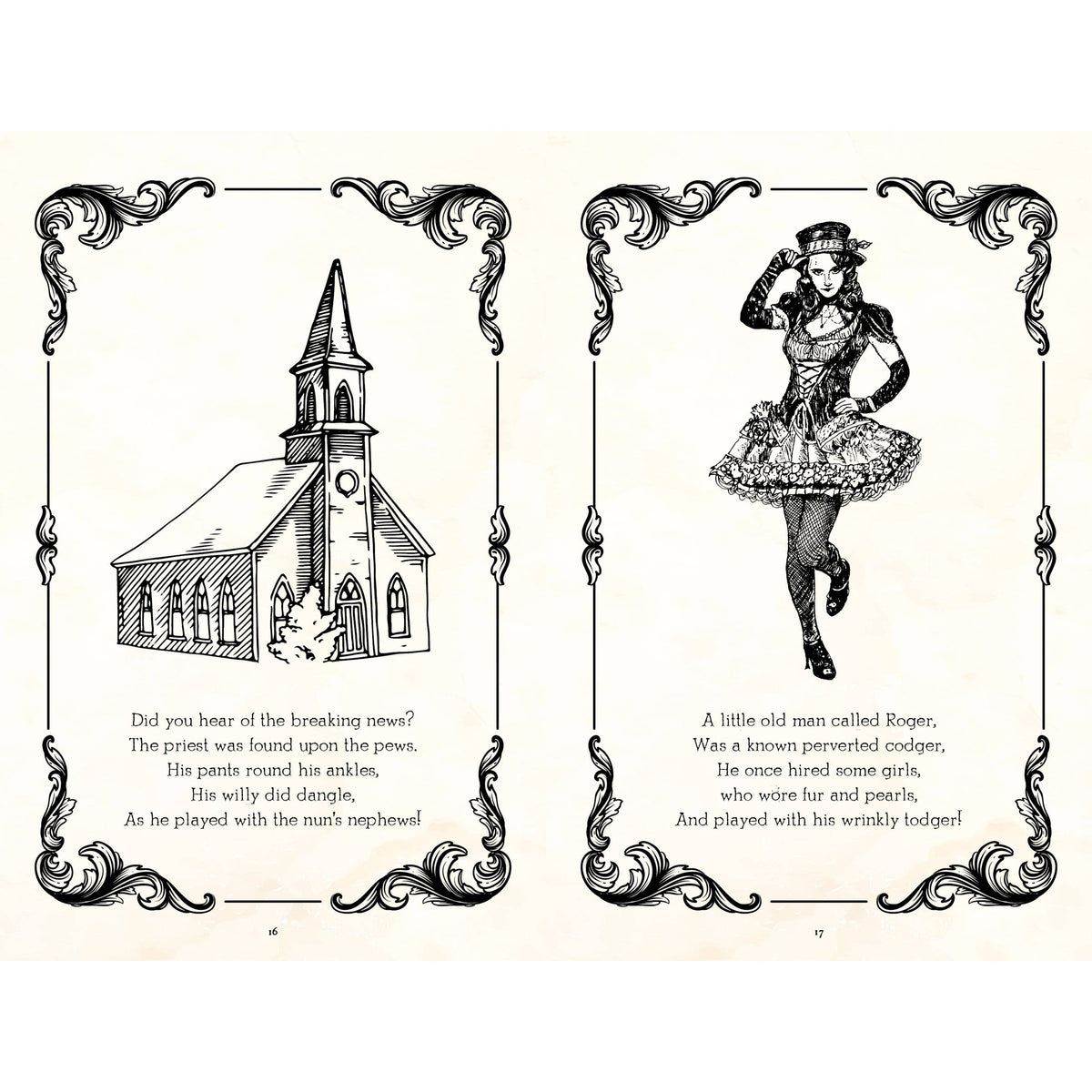 Rude Limericks book showing two illustrated interior pages with vintage-style drawings and humorous rhymes.