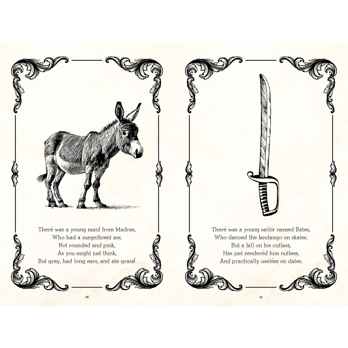 Rude Limericks adult humour book displaying illustrated limericks on decorative pages with old-fashioned artwork.