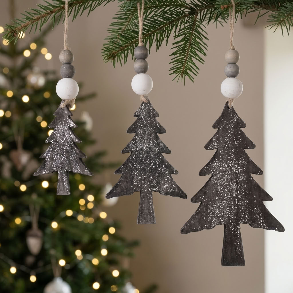 Set of 3 Rustic Glitter Wooden Christmas Tree Decorations hanging from festive fir branches with wooden beads and natural jute loops in a country home.