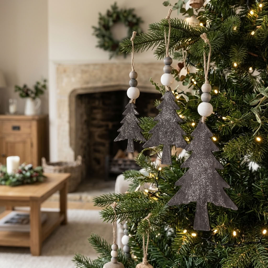 Set of 3 Rustic Glitter Wooden Christmas Tree Decorations displayed on a traditional Christmas tree beside a stone fireplace in a cosy country house.