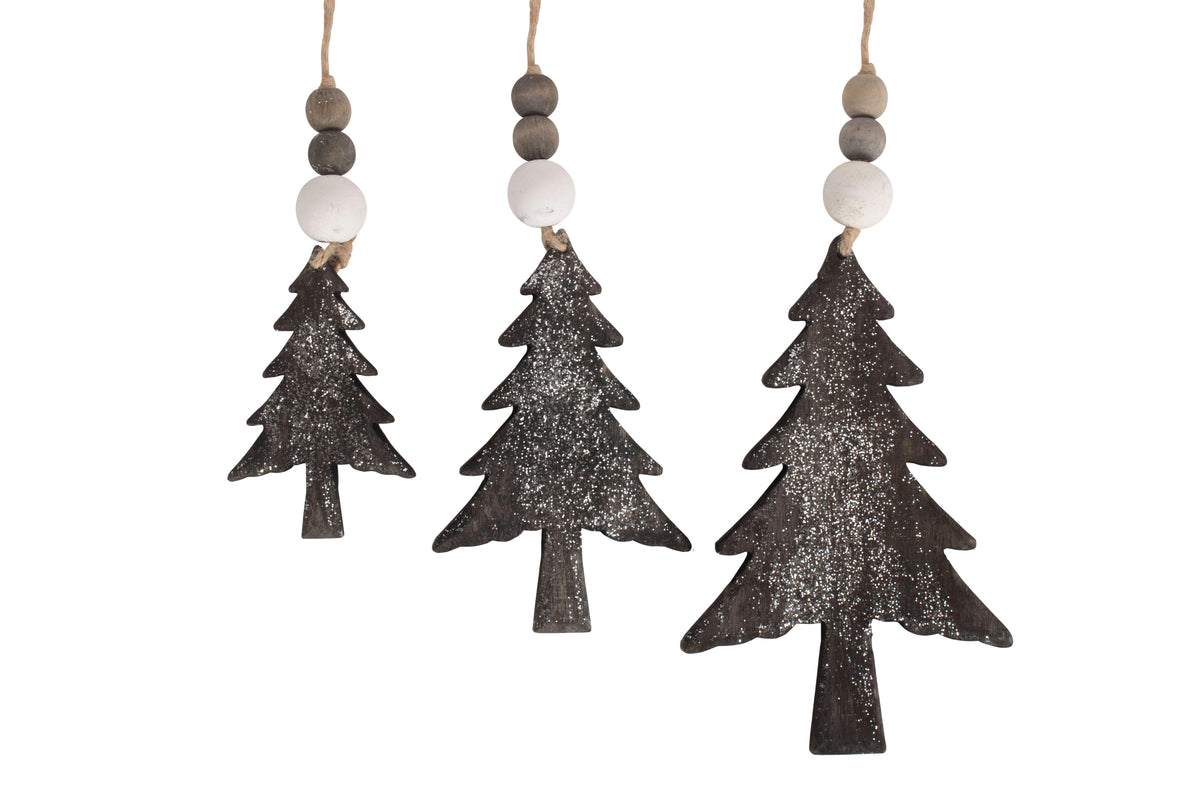 Set of three rustic glitter wooden Christmas tree decorations in graduating sizes with decorative beads and natural jute hanging loops
