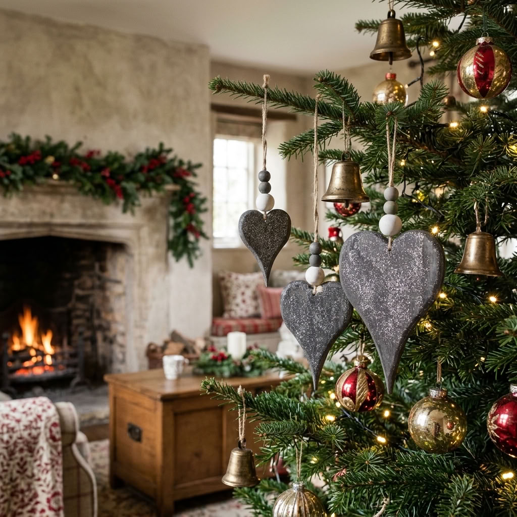 Set of 3 Rustic Glitter Wooden Heart Christmas Decorations displayed on a traditional Christmas tree beside a stone fireplace in a cosy country house.
