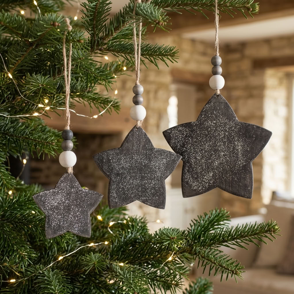 Set of 3 Rustic Glitter Wooden Star Christmas Decorations hanging from evergreen branches with wooden beads and jute strings in a traditional country home.