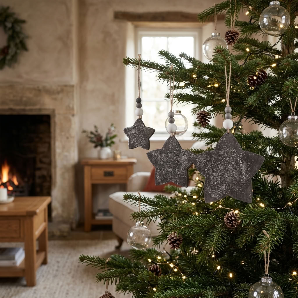 Set of 3 Rustic Glitter Wooden Star Christmas Decorations displayed on a festive tree beside a traditional stone fireplace in a cosy British country house.