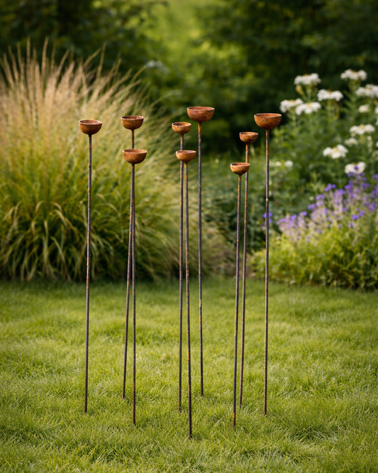 Rusty Metal Rain Catcher Cluster Garden Stakes – 1m Steel Sculpture Set
