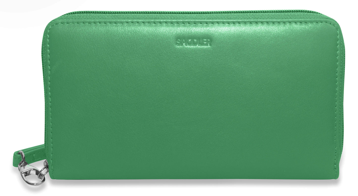 SADDLER SOPHIA Leather Zip Around Purse  - 15 Card slots, Mobile Phone Pocket,  Detachable Wrist Strap- RFID Protected