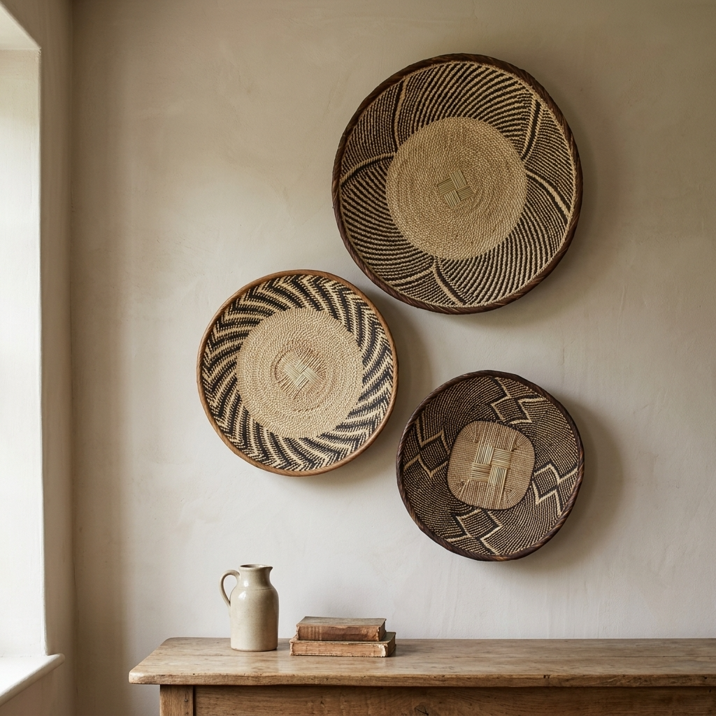Set of three handwoven Tonga wall baskets displayed as natural woven wall art above an aged wooden console in a warm country interior
