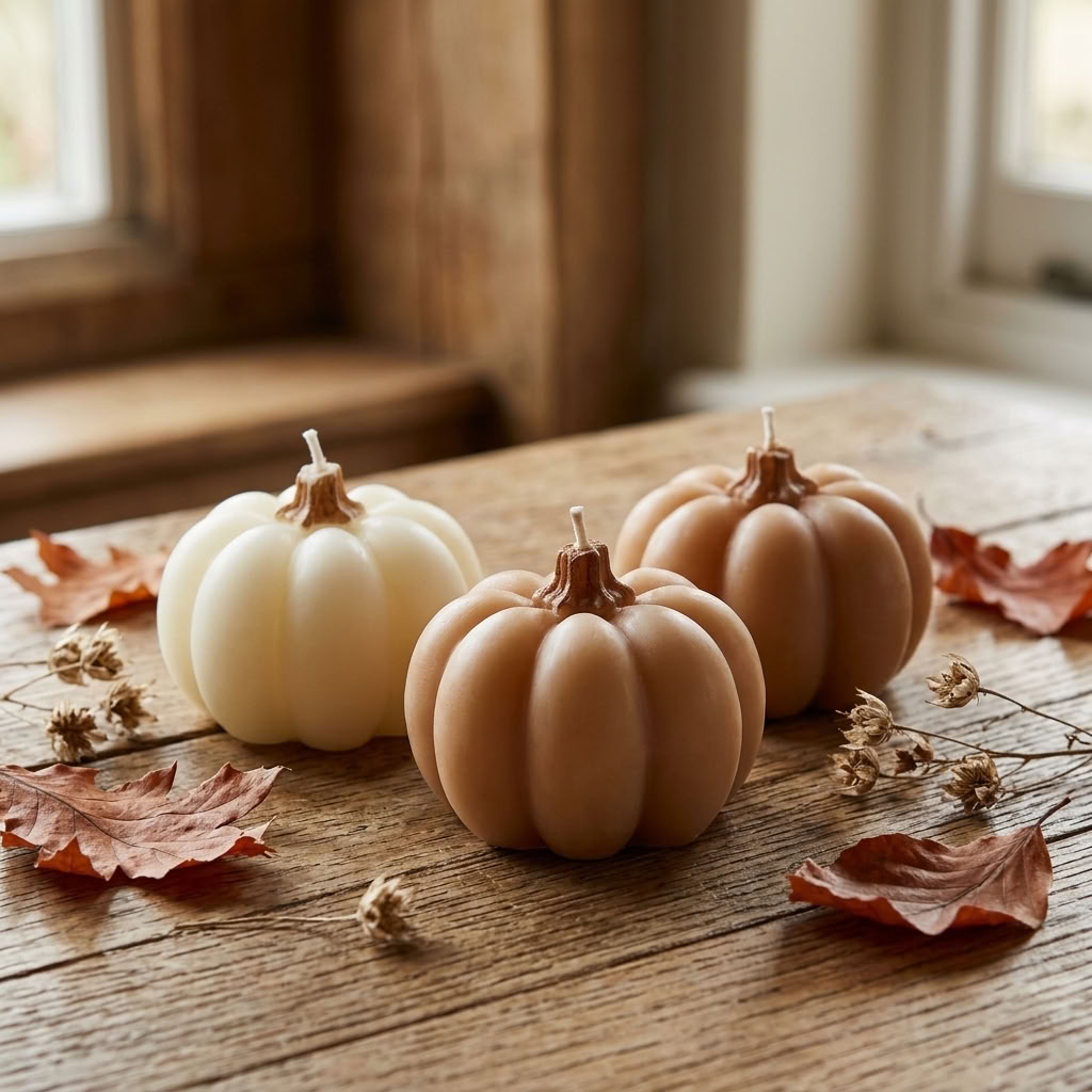 Set of 3 Pumpkin Shaped Candles in cream and warm neutral tones styled with autumn leaves in a country home