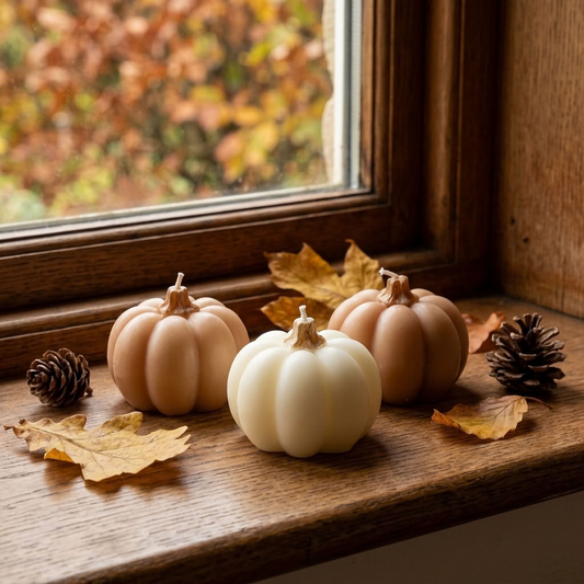 Set of 3 Pumpkin Shaped Candles styled with autumn leaves and pinecones on a cottage window ledge