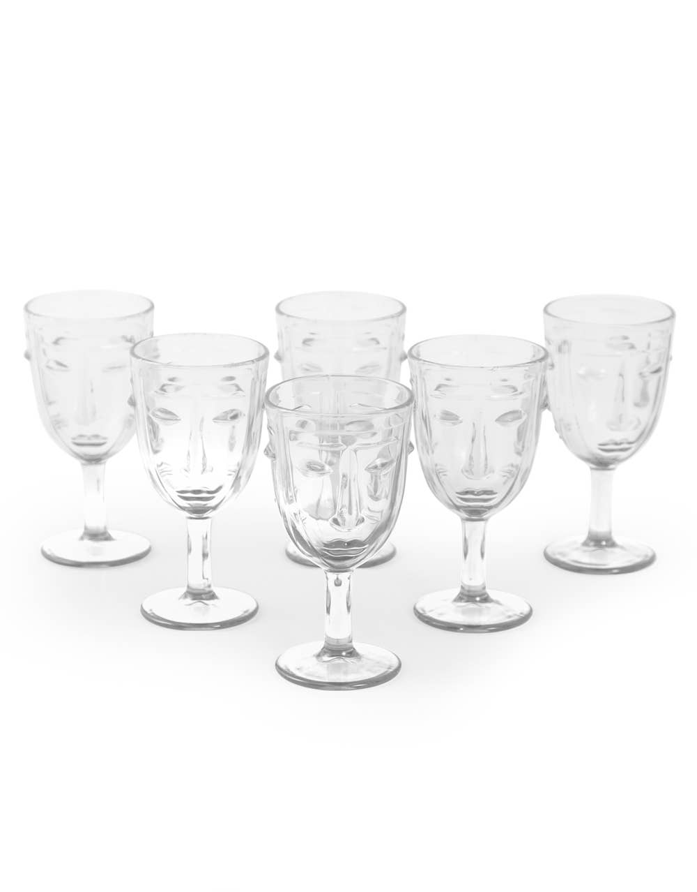 Set of 6 Clear Deco Face Wine Glasses arranged together showing their sculpted facial detailing and elegant stemmed design