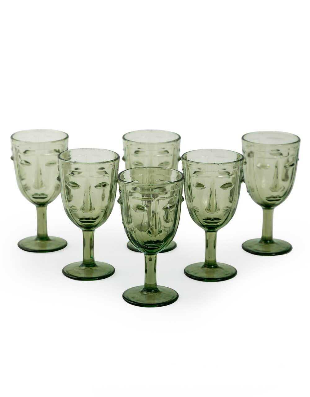 Set of 6 Green Deco Face Wine Glasses showing their soft green colouring, sculpted facial detailing and elegant stemmed design