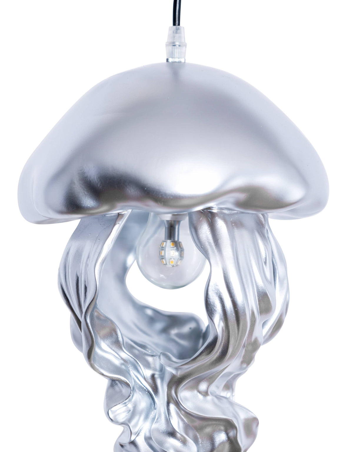 Silver Jellyfish Ceiling Pendant close-up showing the smooth silver dome and intricate flowing tentacle detailing