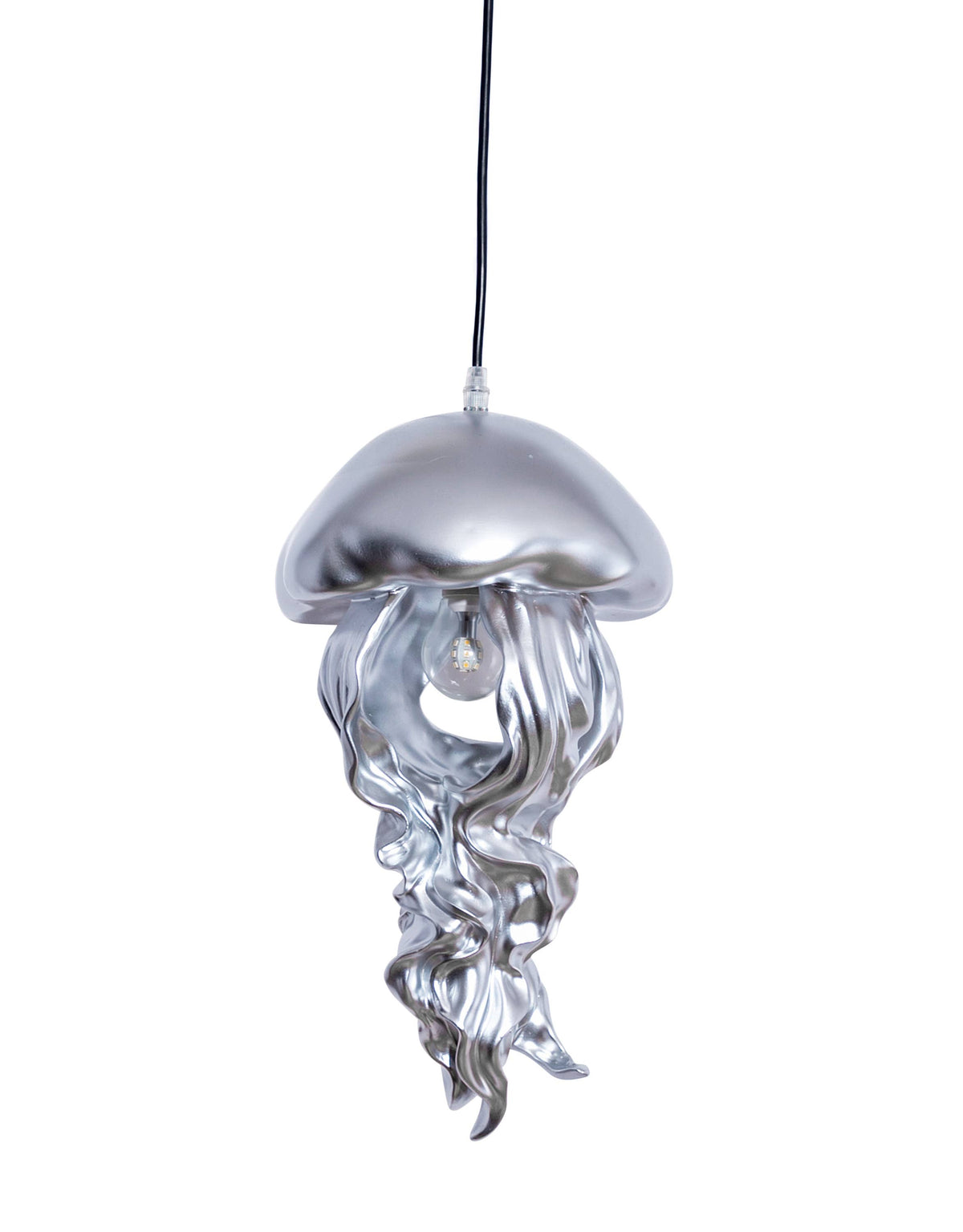 Silver Jellyfish Ceiling Pendant with rounded silver dome and flowing sculptural tentacles suspended from a black cable