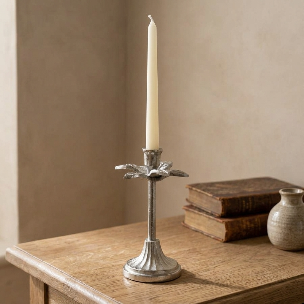 Silver leaf candlestick with an ivory taper candle displayed on a rustic oak table against a warm neutral wall.
