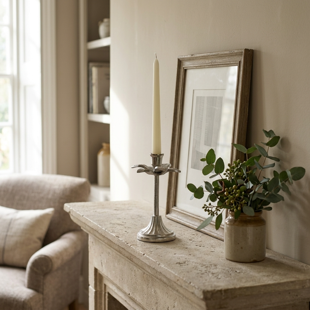 Silver leaf candlestick with an ivory taper candle styled on a natural stone mantelpiece with an aged mirror and greenery.