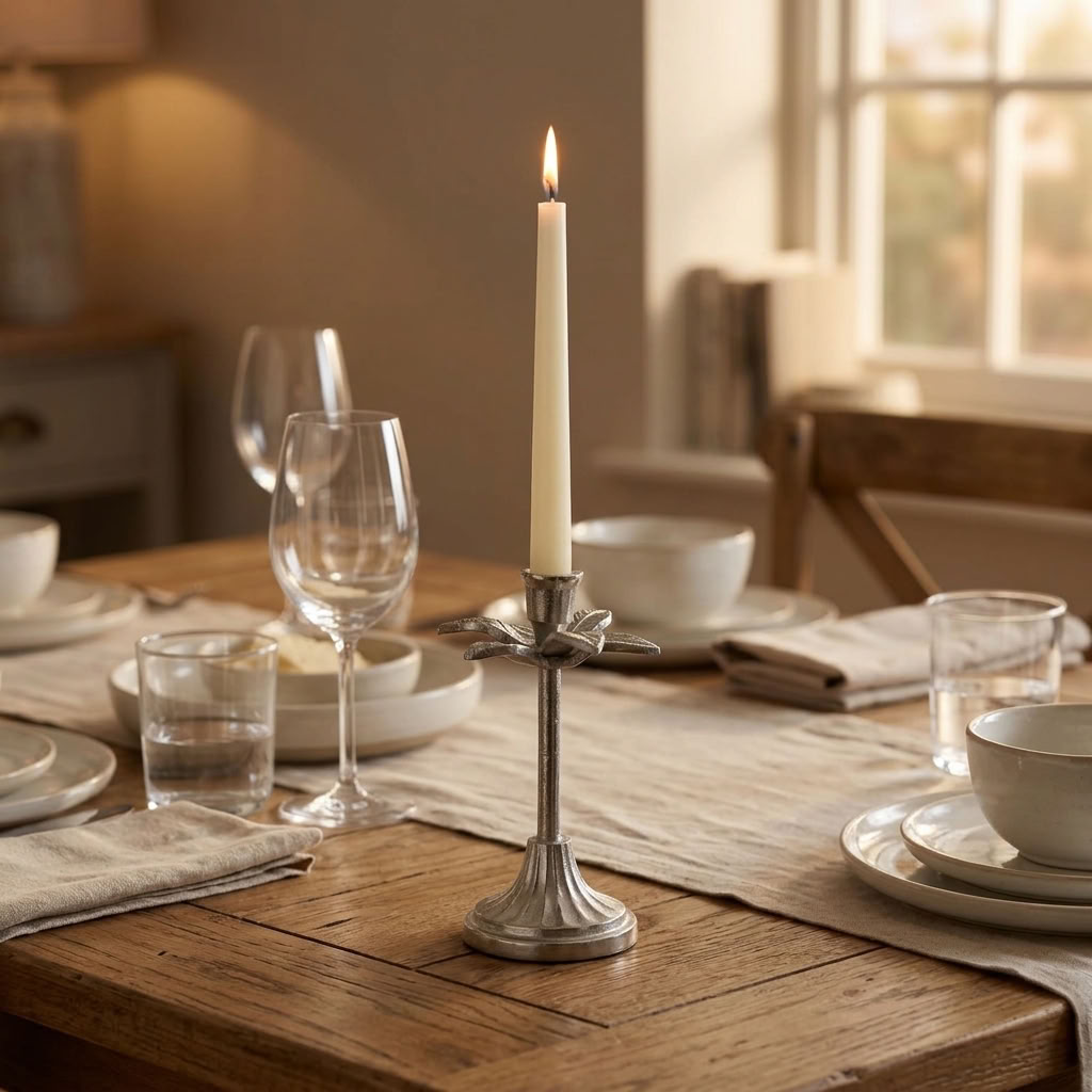 Silver leaf candlestick with a lit ivory taper candle styled on a rustic oak dining table with neutral tableware and glassware.