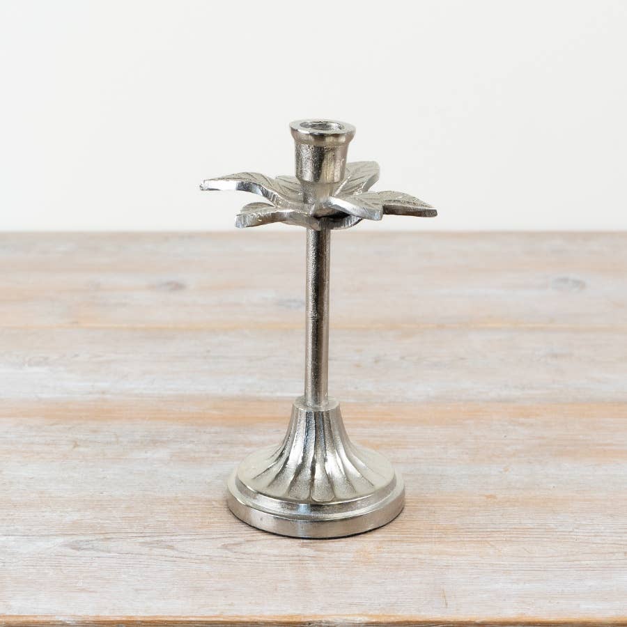 Silver leaf candlestick with sculpted botanical detailing, 20cm