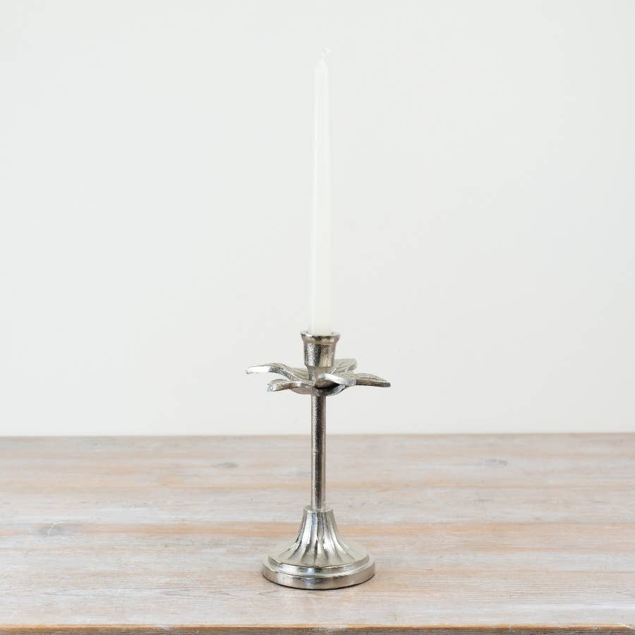 Front view of 20cm silver leaf candlestick with shaped base