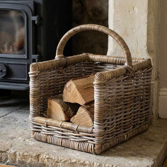 Small Kubu Grey Rattan Open Ended Log Basket filled with firewood beside a traditional wood-burning stove on a natural stone hearth.