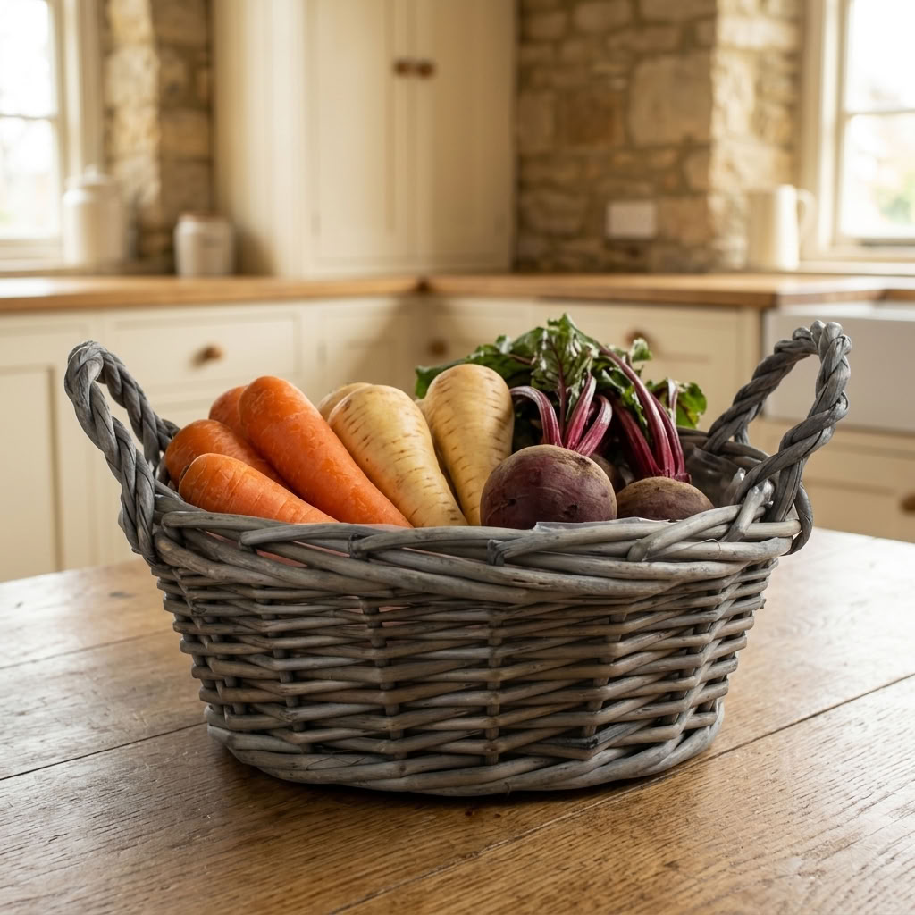 Small round antique wash willow display basket filled with fresh root vegetables on a rustic oak farmhouse kitchen table.