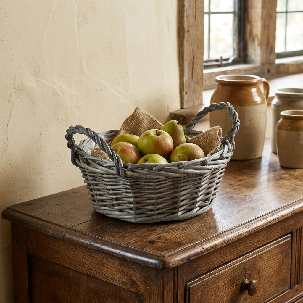 Small round antique wash willow display basket holding fresh fruit on a traditional oak dresser beside a cottage window.