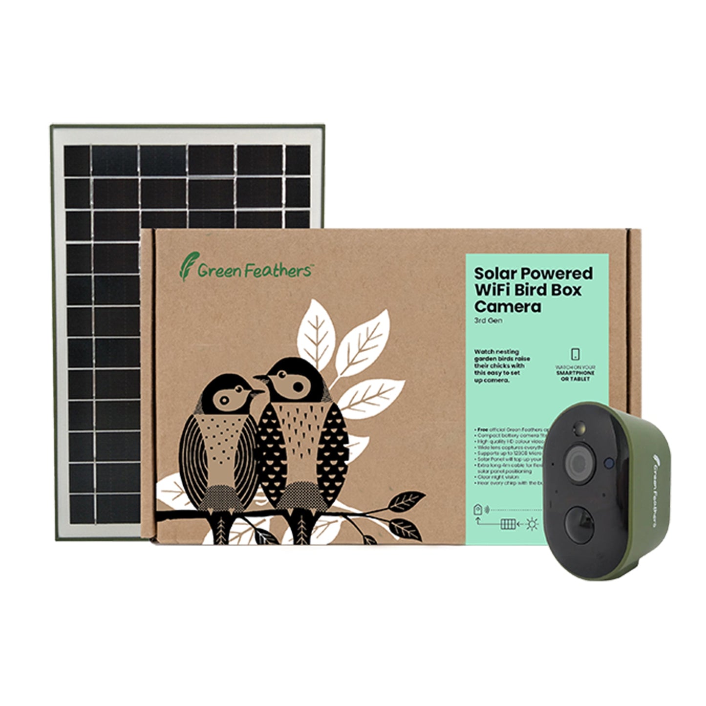 Green Feathers Solar Powered WiFi Bird Box HD Camera Complete Pack