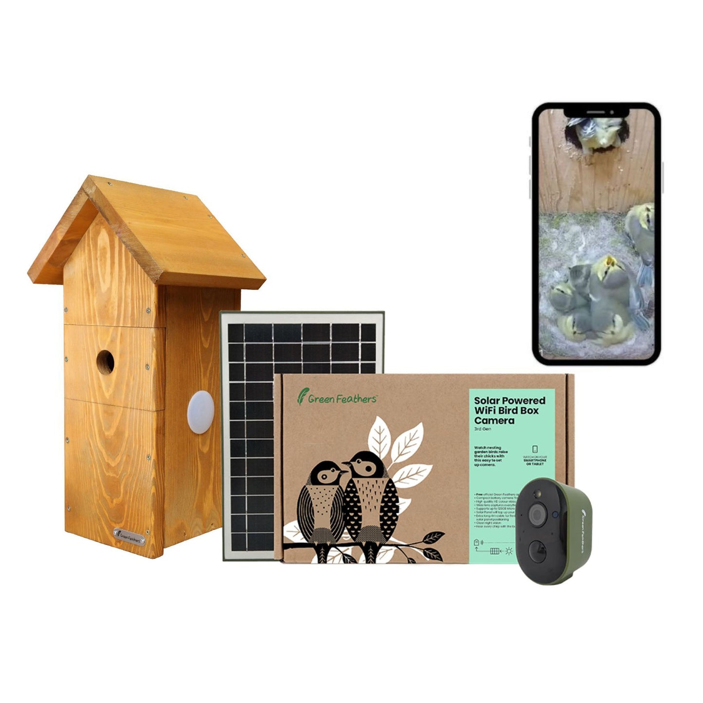 Green Feathers Solar Powered WiFi Bird Box HD Camera Starter Pack