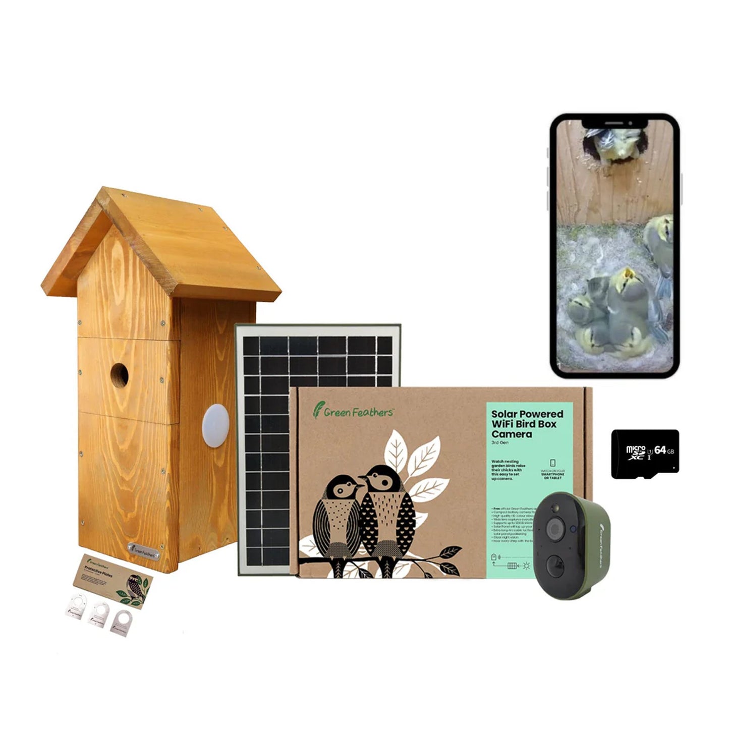 Green Feathers Solar Powered WiFi Bird Box HD Camera Complete Pack