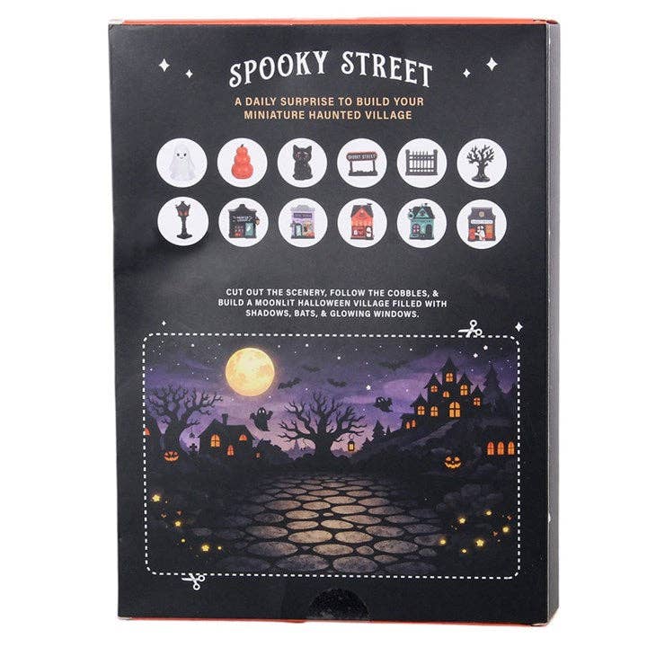 Spooky Street 12-day Halloween advent calendar showing the illustrated back of the presentation box