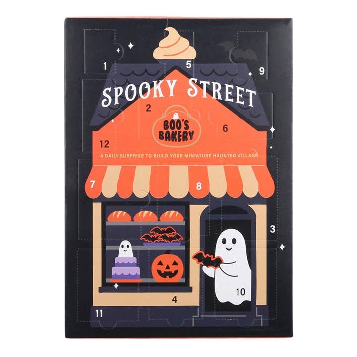 Spooky Street 12-day Halloween advent calendar with orange and black illustrated shopfront design