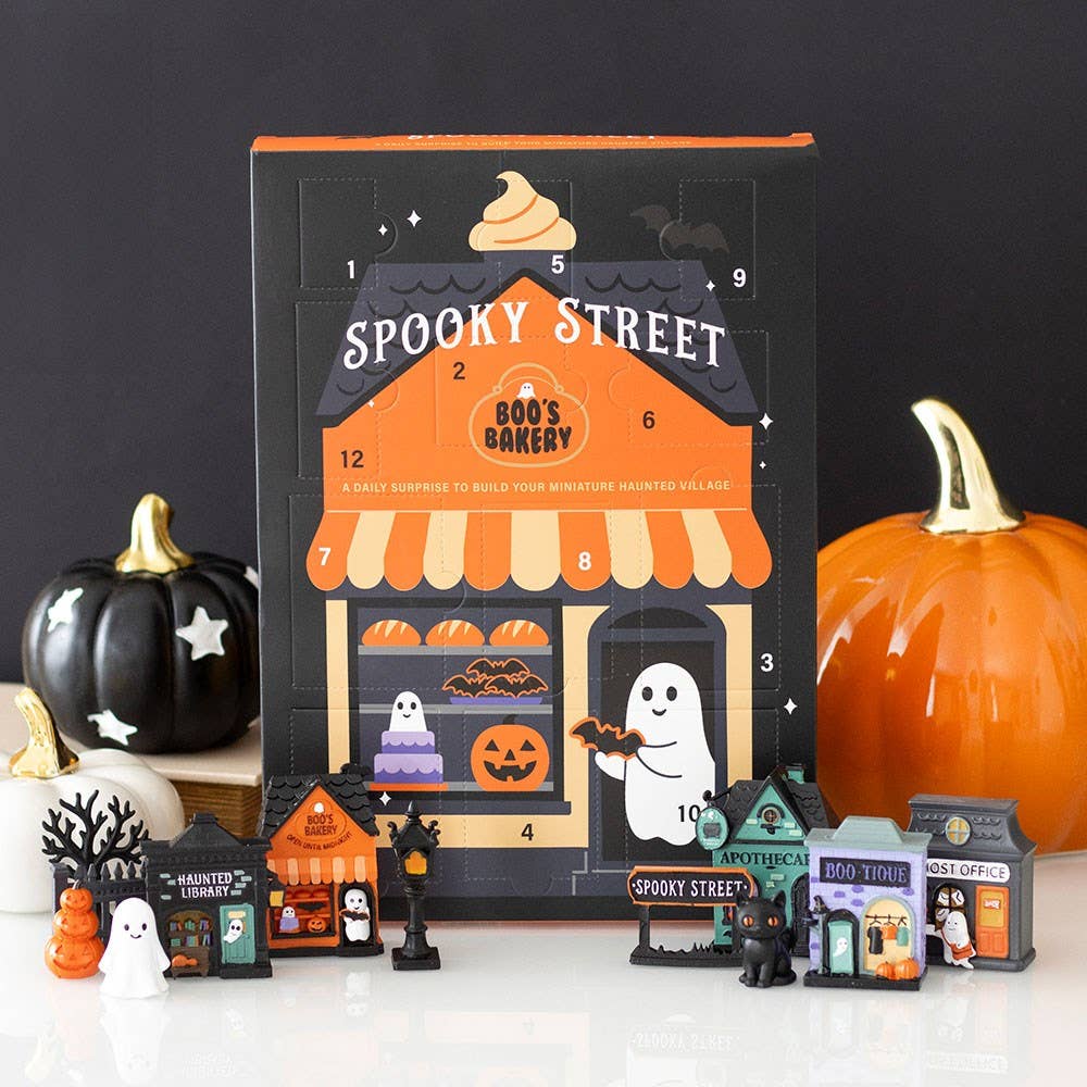 Spooky Street 12-day Halloween advent calendar displayed with pumpkins and spooky seasonal decorations