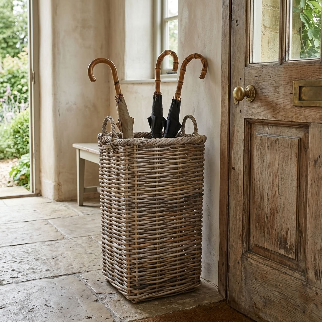 Square Kubu Grey Rattan Umbrella Basket holding three traditional umbrellas beside an oak entrance door in a country cottage hallway.