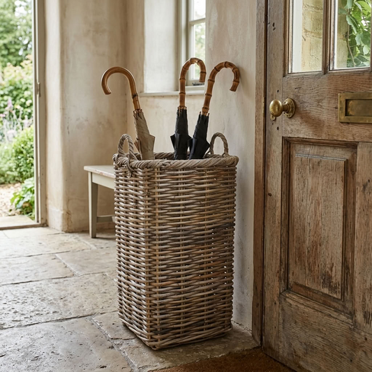 Square Kubu Grey Rattan Umbrella Basket holding three traditional umbrellas beside an oak entrance door in a country cottage hallway.