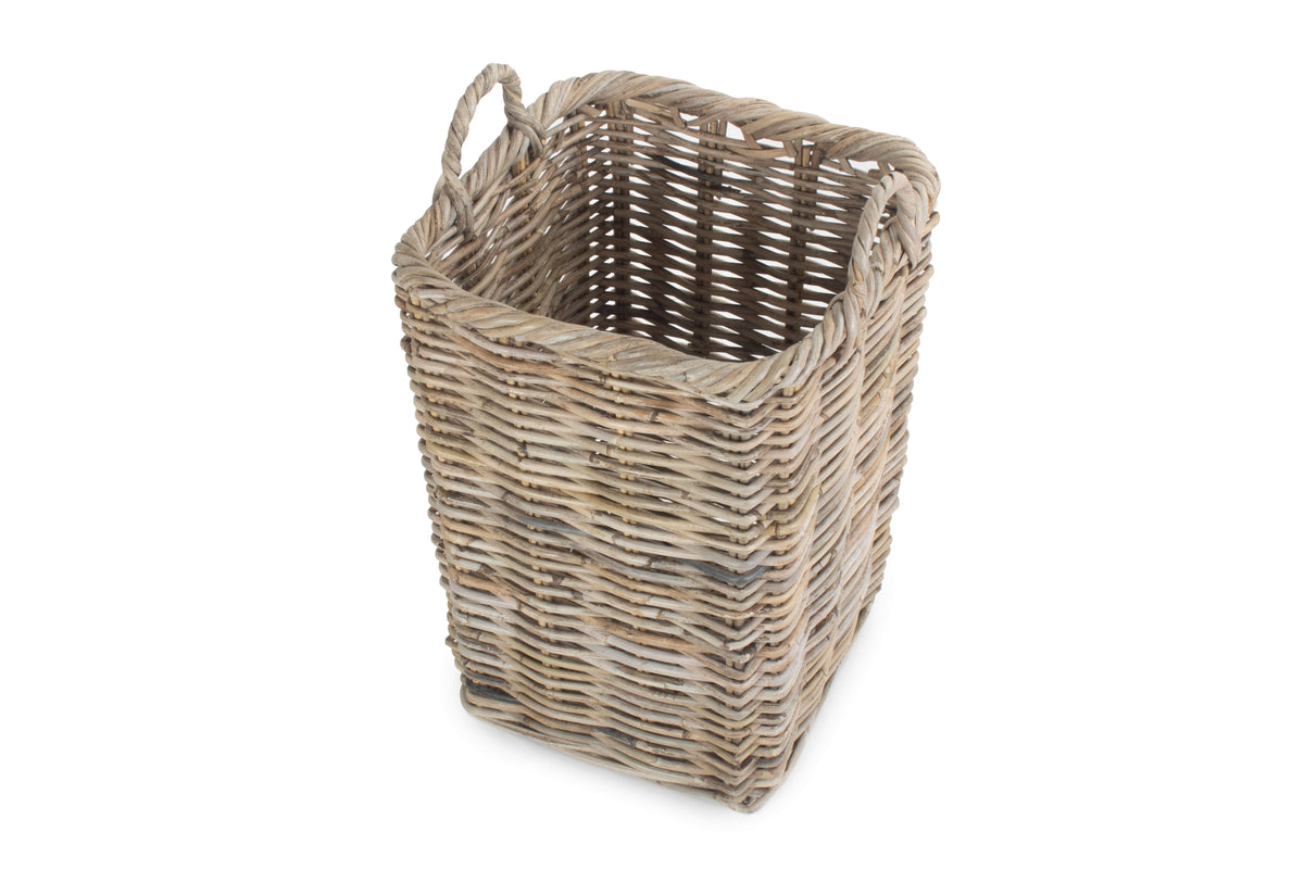 Square Kubu Rattan Umbrella Basket from an angled view showing the open top and natural woven construction