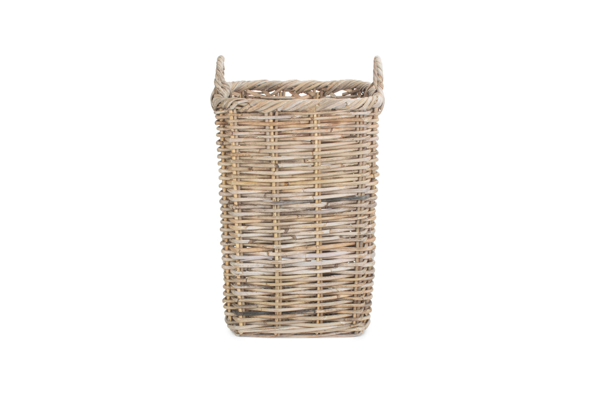 Square Kubu Rattan Umbrella Basket viewed from the front showing its tall woven sides and square shape